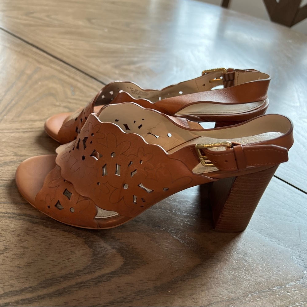 Cole Haan Brown Leather Indra high floral summer sandal Slingback Heels - Picture 6 of 8